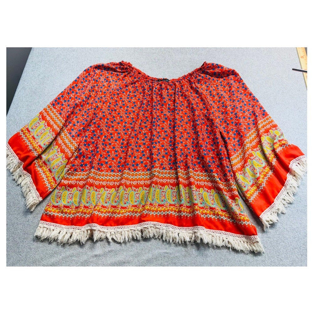 By Together Peasant Top Womens XL Red Paisley Boho Fringe Bell Sleeve Flowy